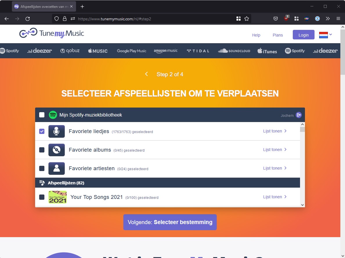 Screenshot TuneMyMusic kiezen van afspeellijst