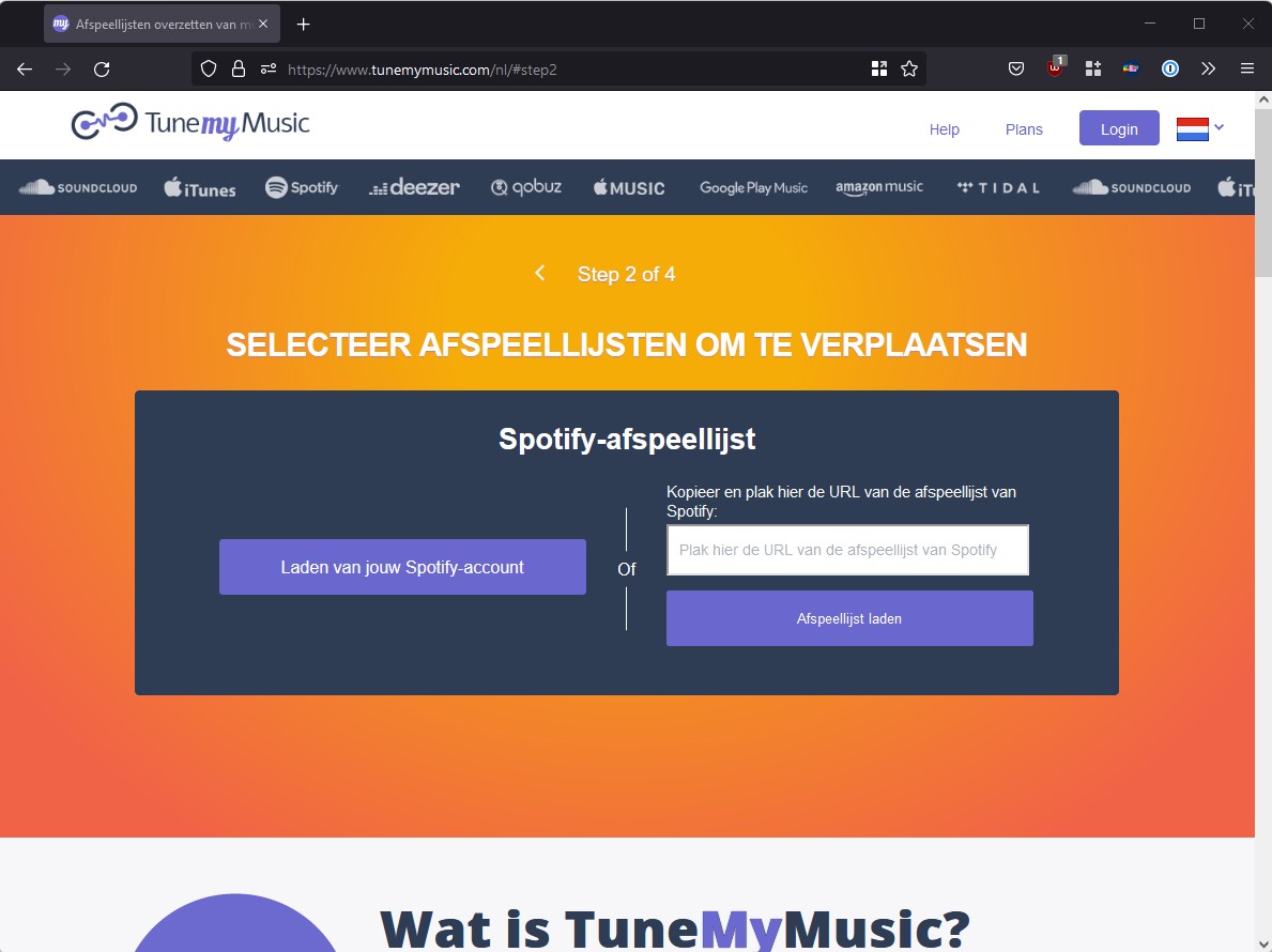 Screenshot TuneMyMusic kiezen van afspeellijst