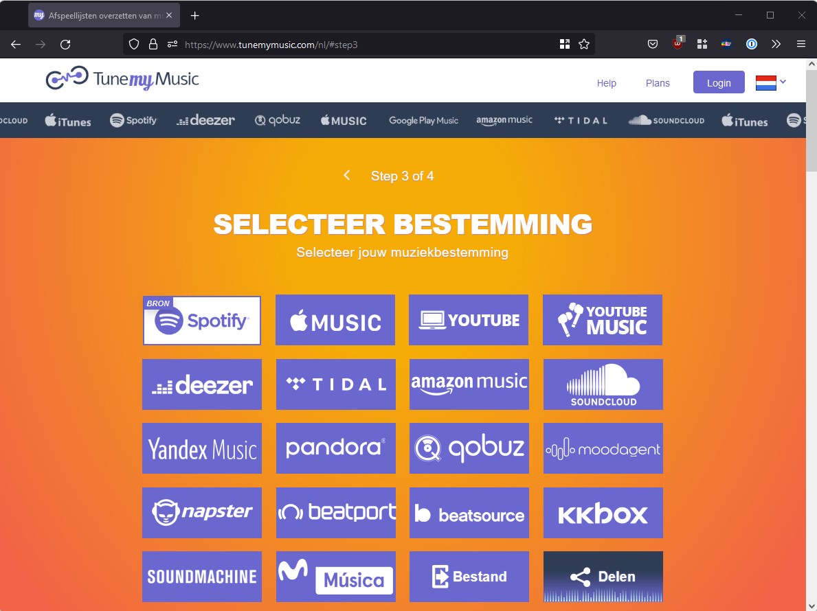 Screenshot TuneMyMusic kies doel-streamingdienst