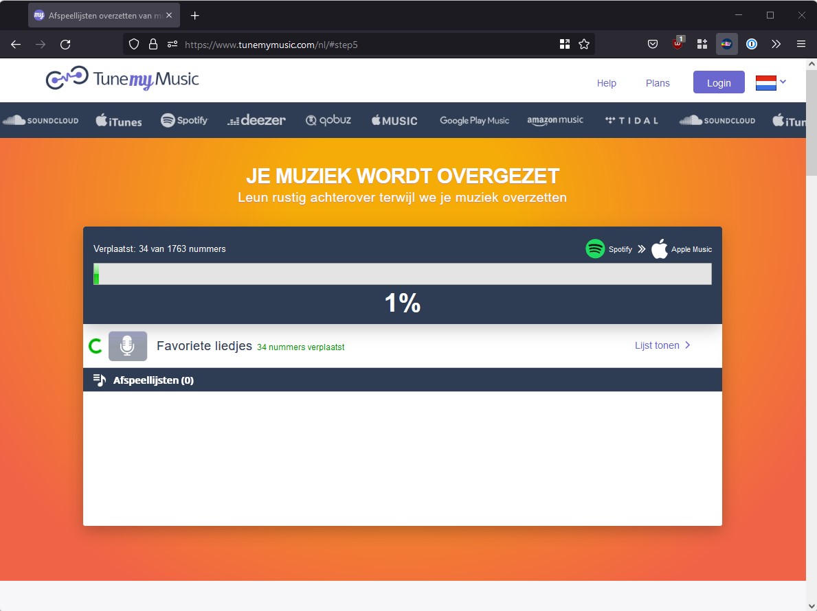 Screenshot TuneMyMusic overzetten playlist bezig