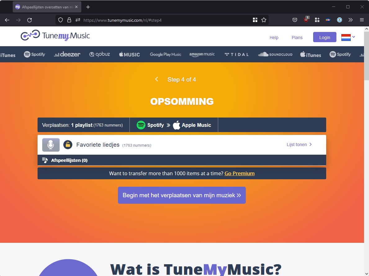 Screenshot TuneMyMusic overzetten van playlist