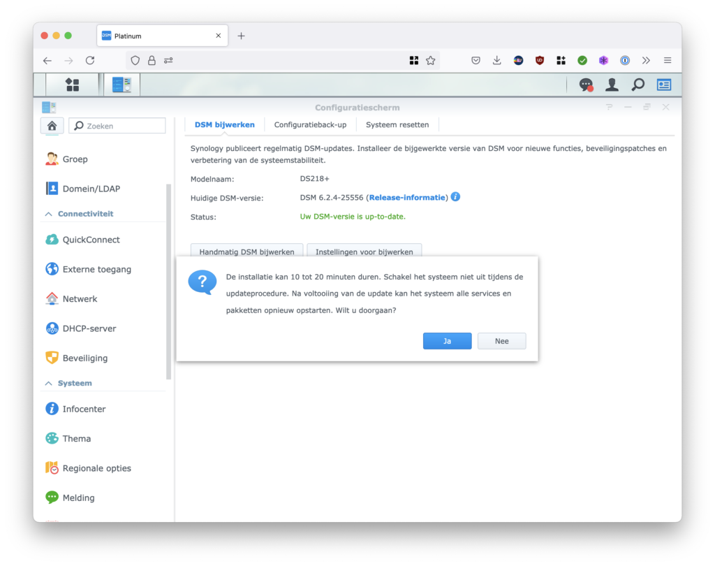Screenshot bevestiging updaten naar DSM 7