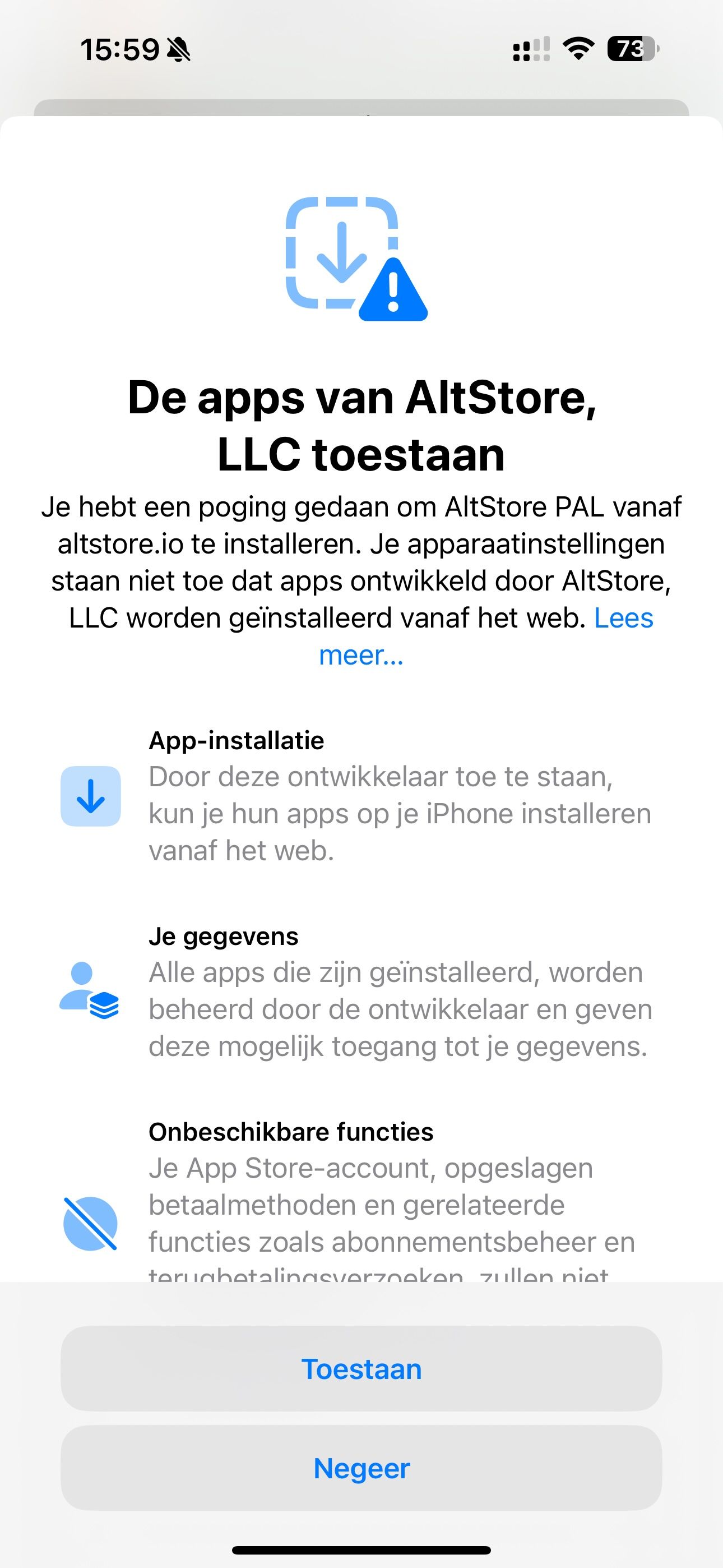 Screenshot toestemming geven installatie van apps van AltStore