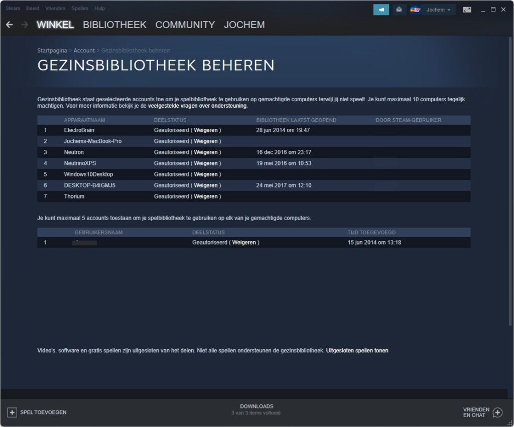 Screenshot van Steam: scherm om gezinsbibliotheek te beheren.