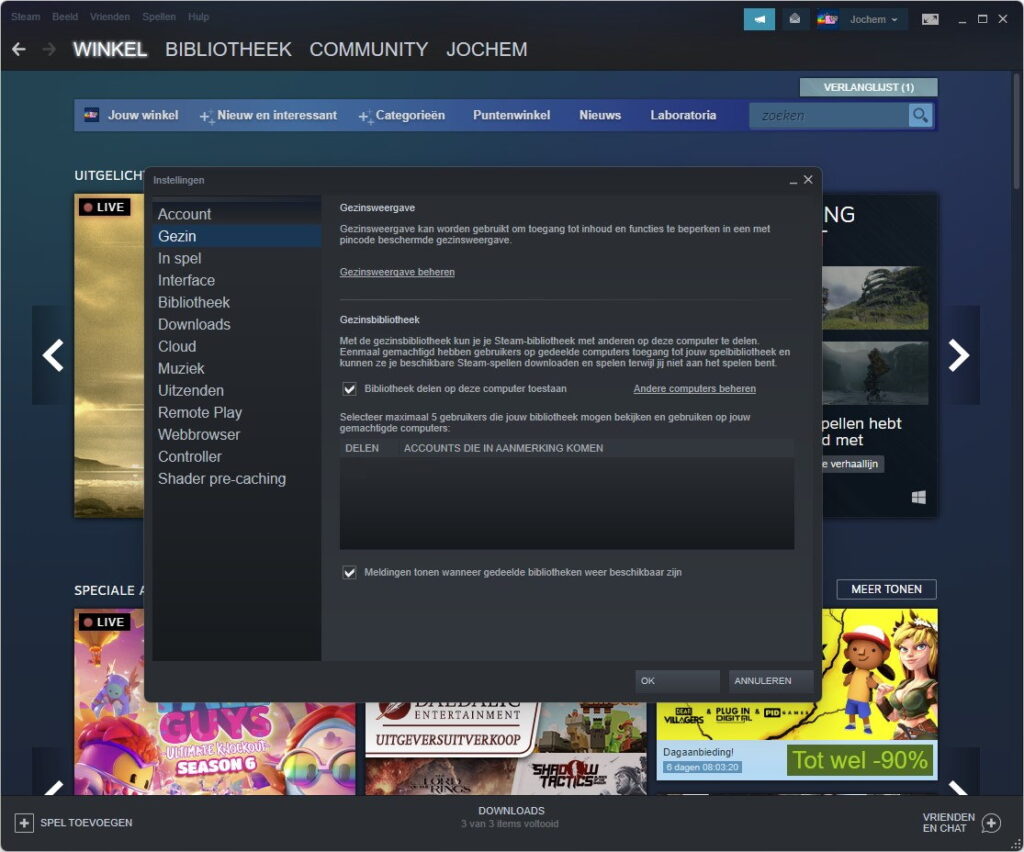 Screenshot van Steam-instellingen om bibliotheek te delen.