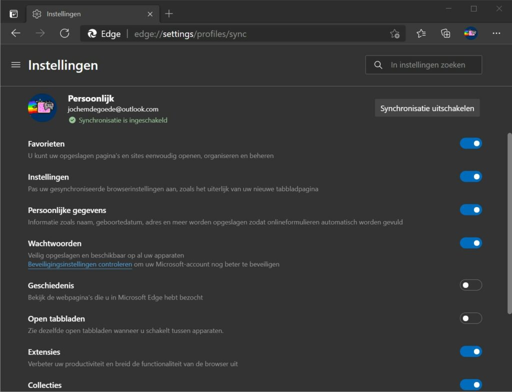 Screenshot Microsoft Edge: gegevens synchroniseren