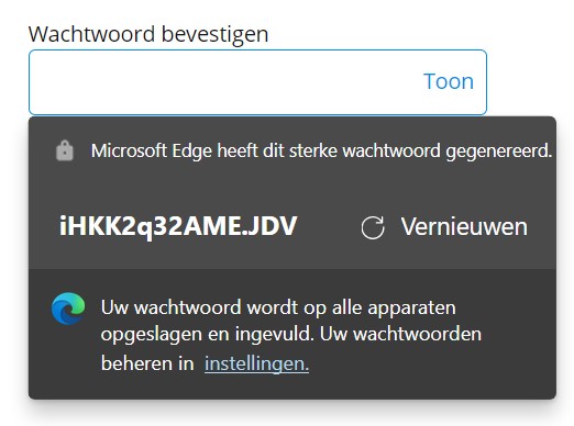 Screenshot wachtwoord genereren in Edge