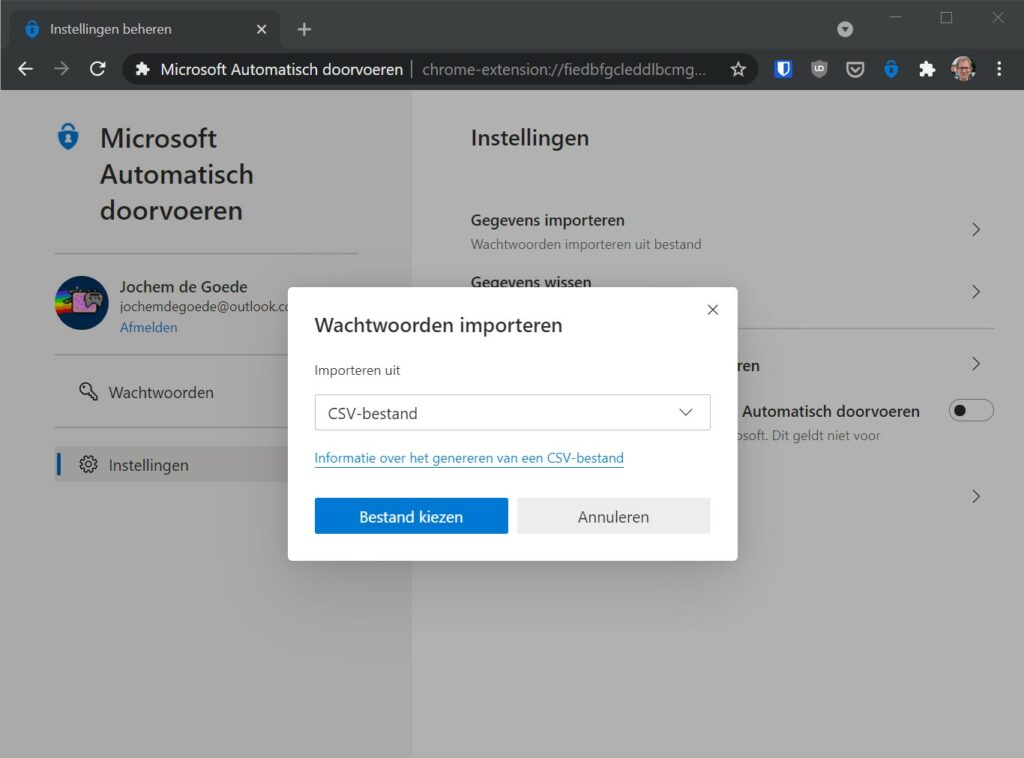 Screenshot Authenticator wachtwoorden importeren