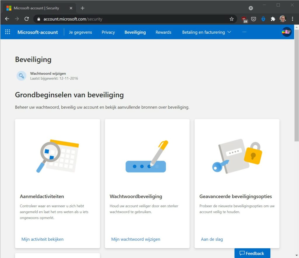 Schermafdruk Beveiligingsopties op account.microsoft.com