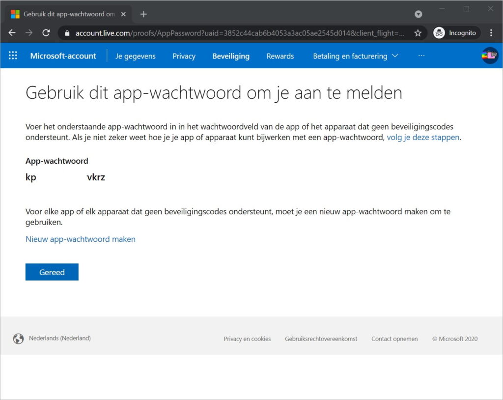 Screenshot van app-wachtwoord maken voor je Microsoft-account.