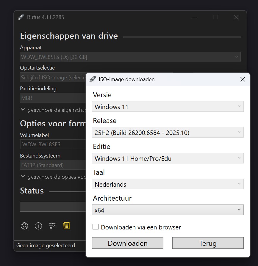 Screenshot van Rufus om Windows 11 te downloaden