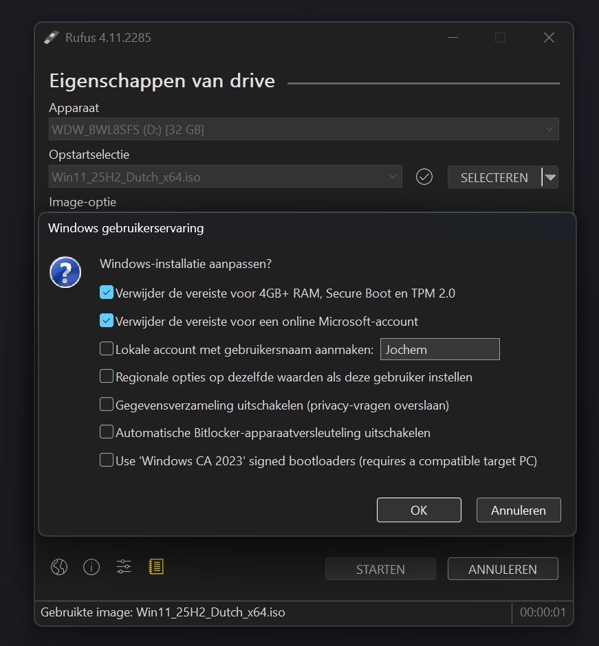 Screenshot van Rufus om de Windows 11-installatie op je usb-stick te zetten