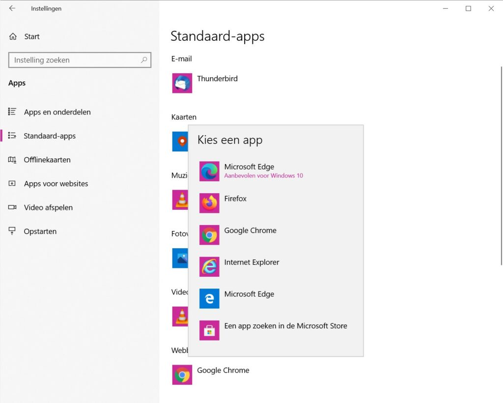 Schermafdruk standaardbrowser wijzigen Windows 10