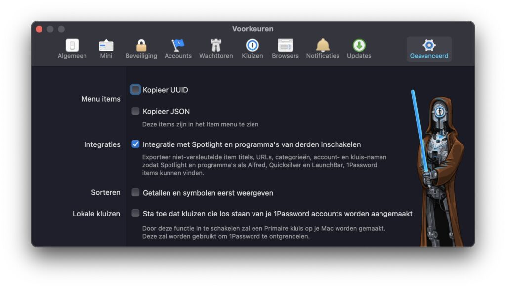 Screenshot instellingen 1Password macOS