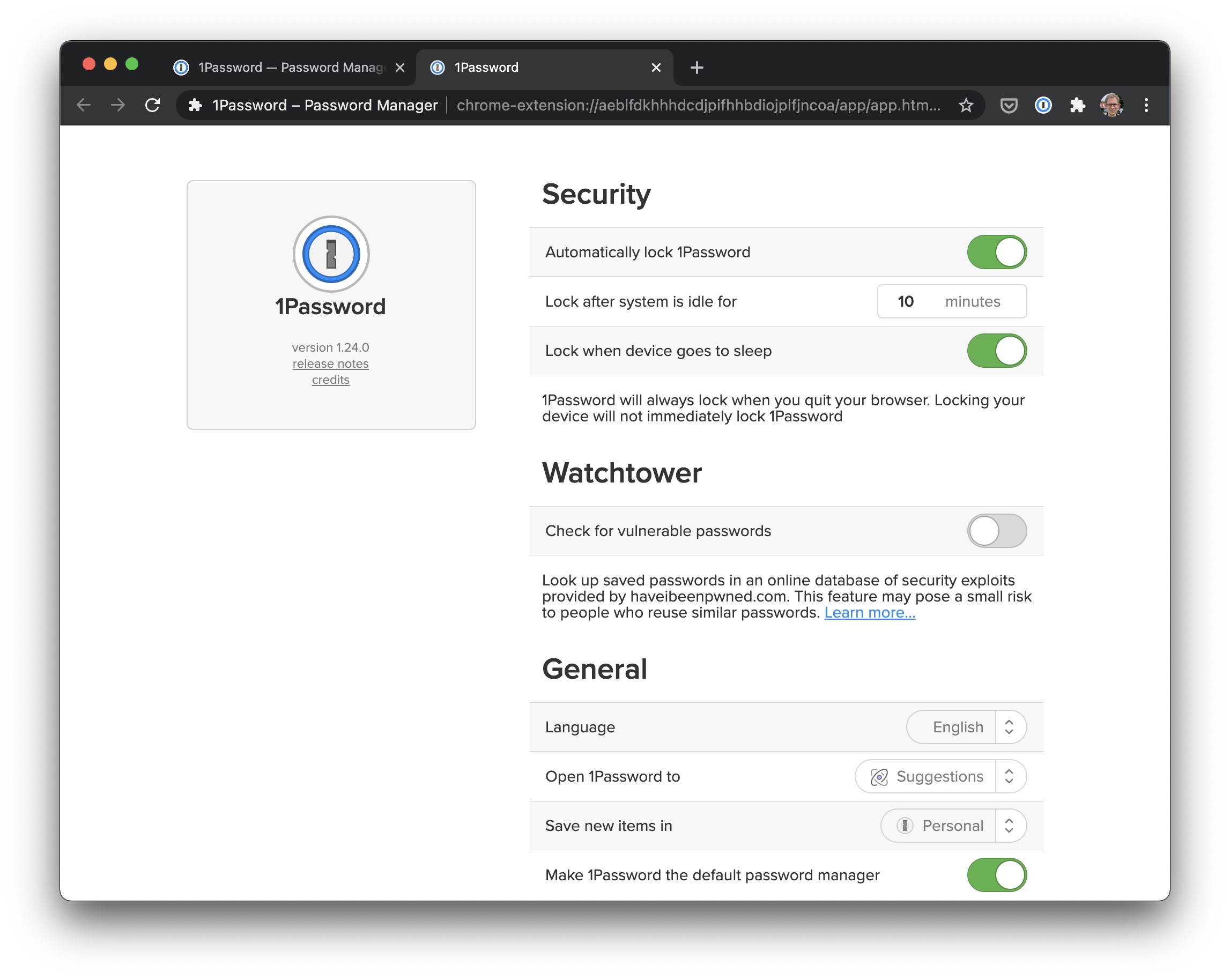 Screenshot instellingen Chrome-extensie 1Password