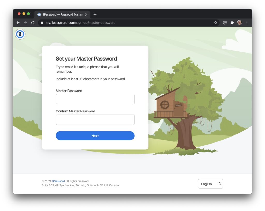 Screenshot hoofdwachtwoord instellen 1Password