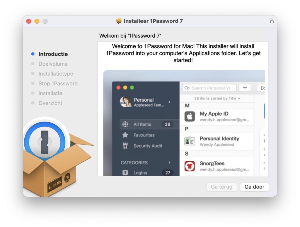 Screenshot installatie 1Password macOS