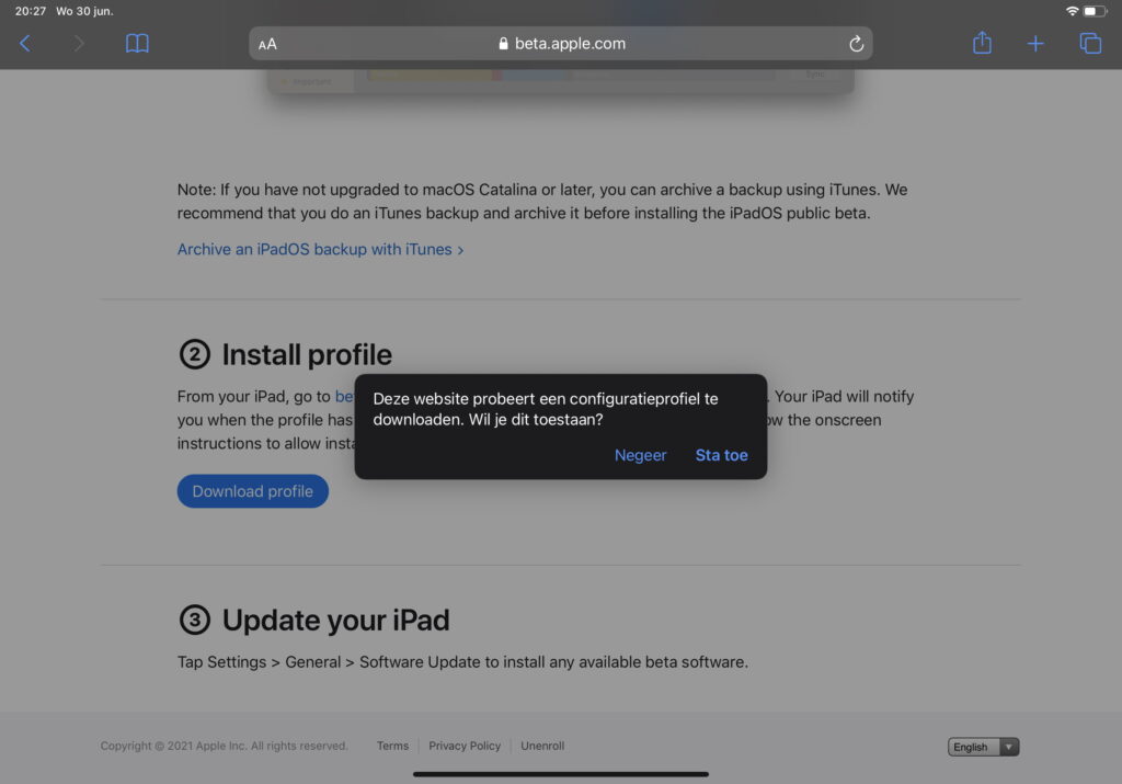 Screenshot downloadmelding profiel iOS/iPadOS