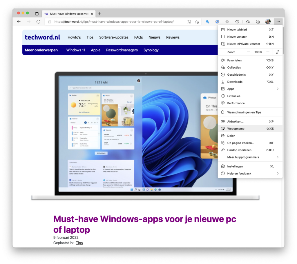 Screenshot van Microsoft Edge met menu open