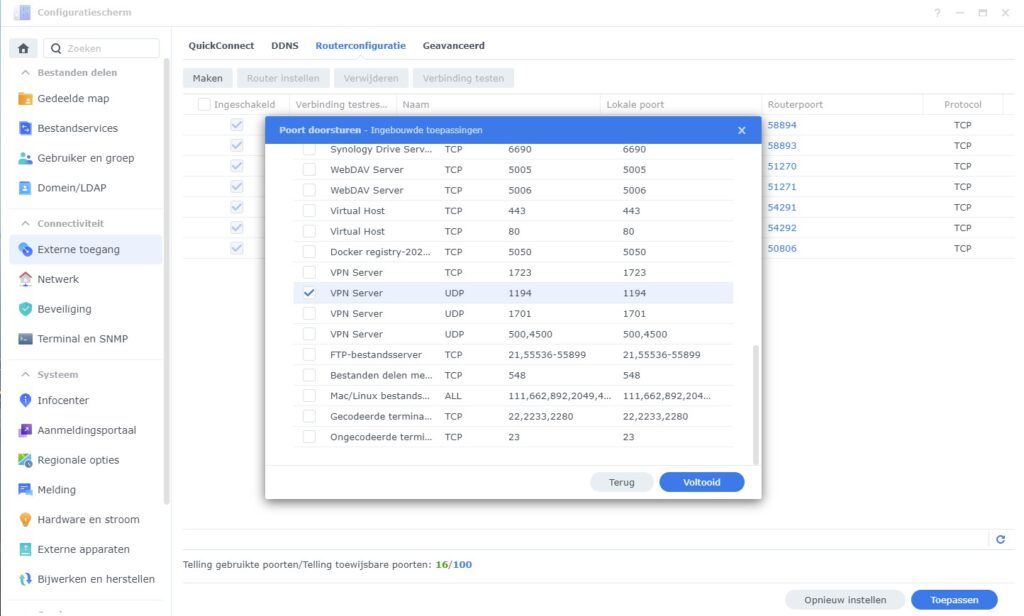 Screenshot Routerconfiguratie van Synology-nas