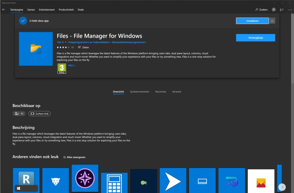 Screenshot van Files in de Microsoft Store in Windows 10.