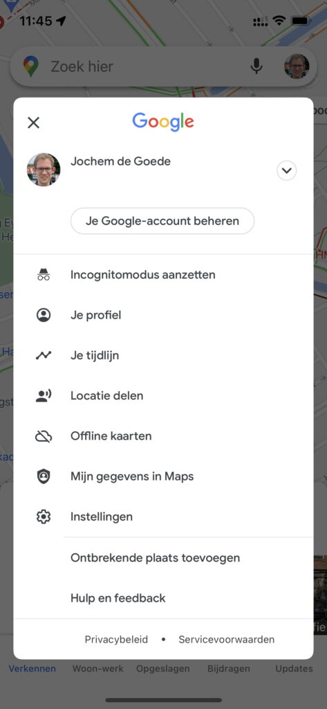 Screenshot menu met Offline kaarten optie