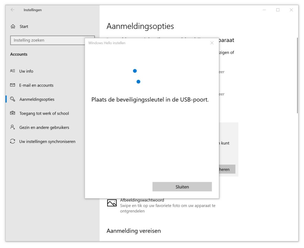 Screenshot beveiligingssleutel instellen Windows 10