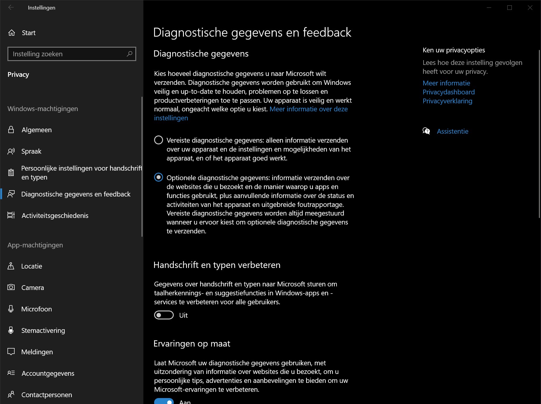 Screenshot diagnostische gegevens sturen Windows 10