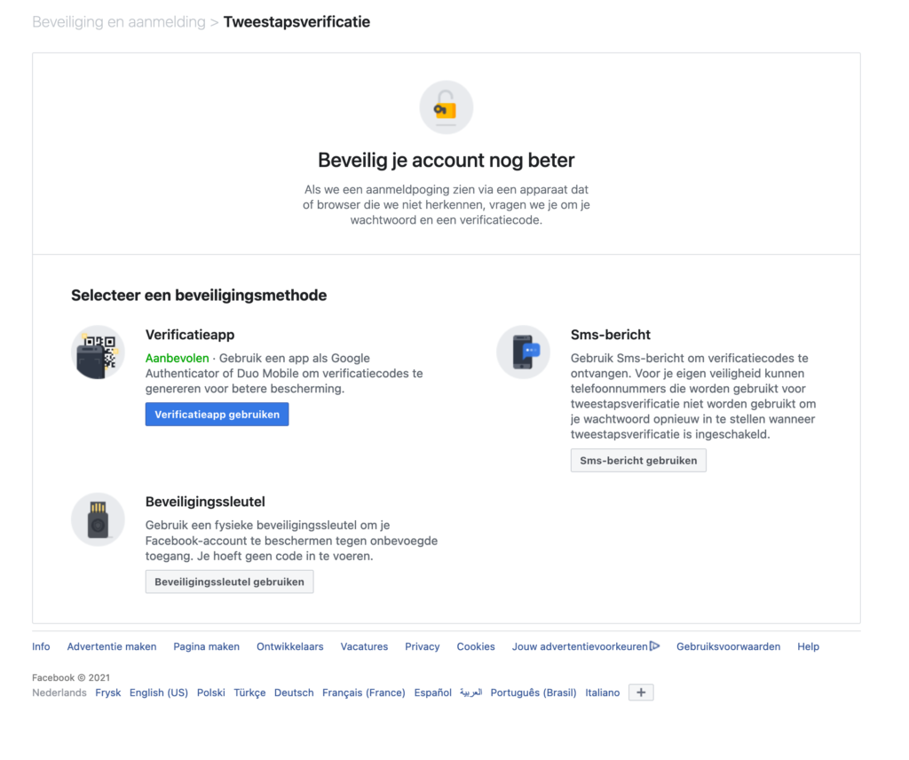 Screenshot Facebook-tweestapsverificatie inschakelen: opties