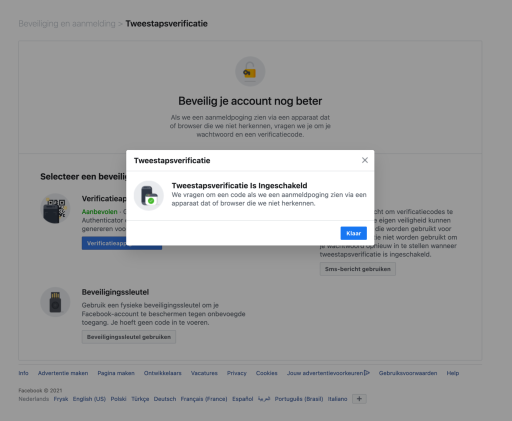 Screenshot Facebook-tweestapsverificatie inschakelen: klaar