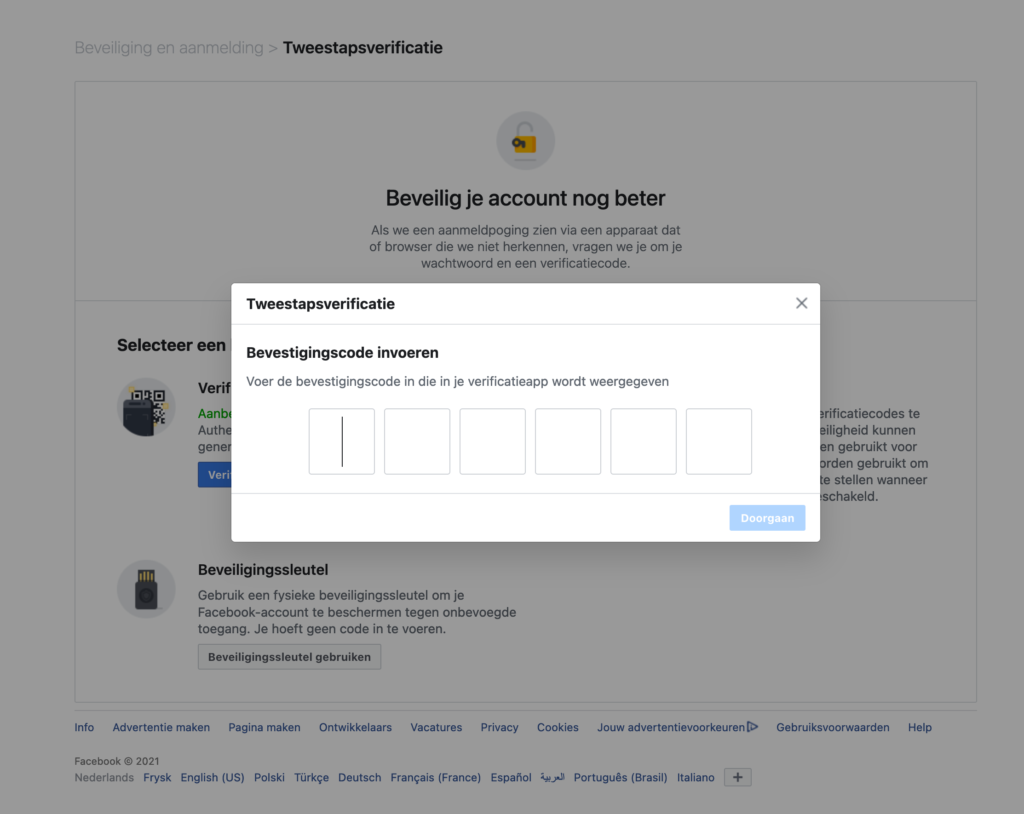 Screenshot Facebook-tweestapsverificatie inschakelen: code invoeren