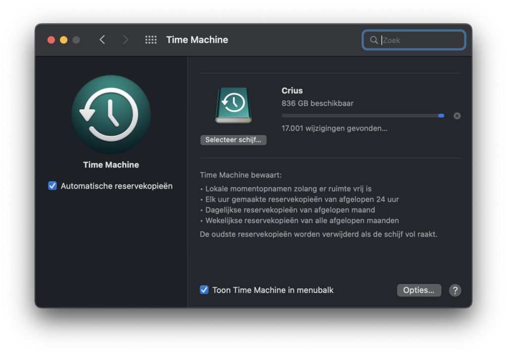 Screenshot van maken van back-up met Time Machine in macOS