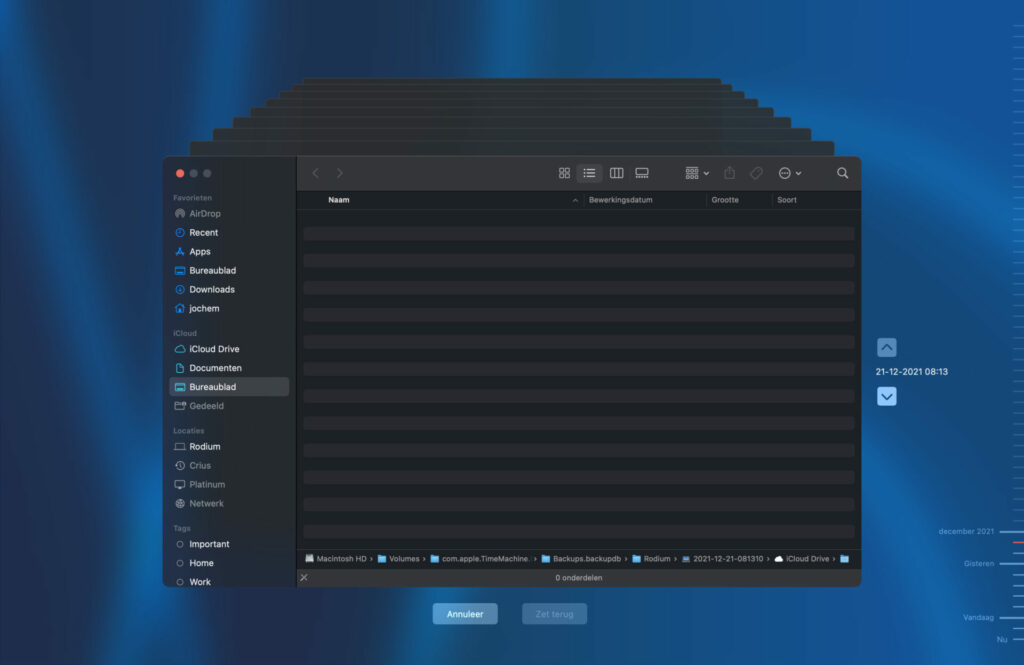 Screenshot Time Machine in macOS: door back-ups bladeren