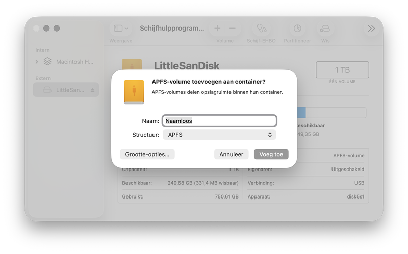 Screenshot van Schijfhulpprogramma partitie toevoegen