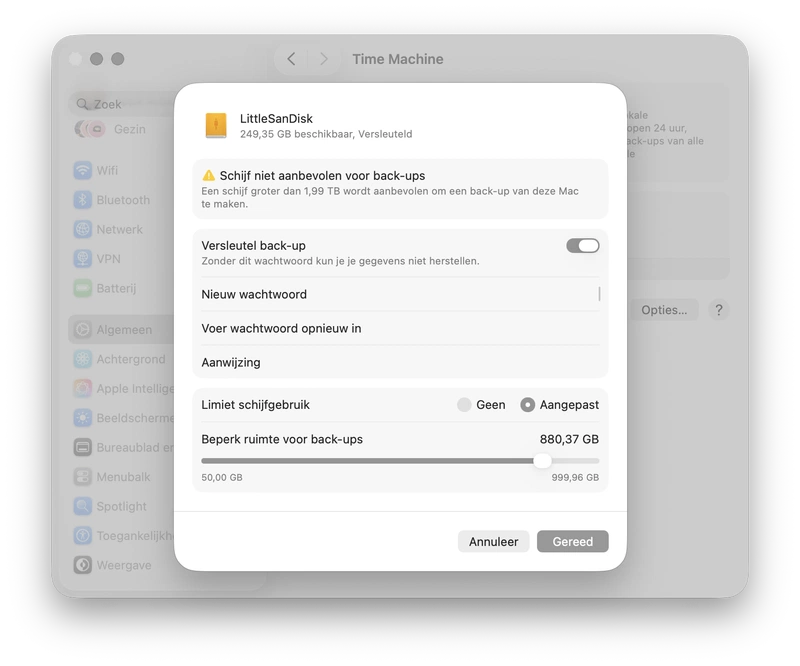 Screenshot van maken van back-up met Time Machine in macOS