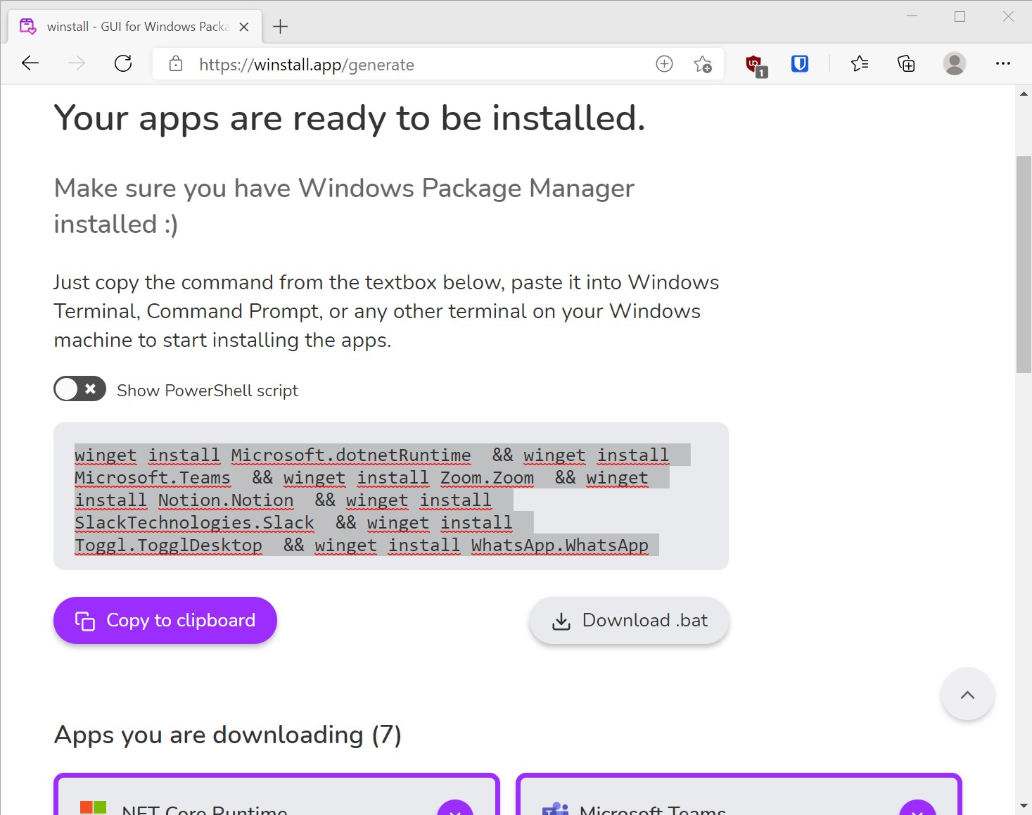 winstall in Microsoft Edge