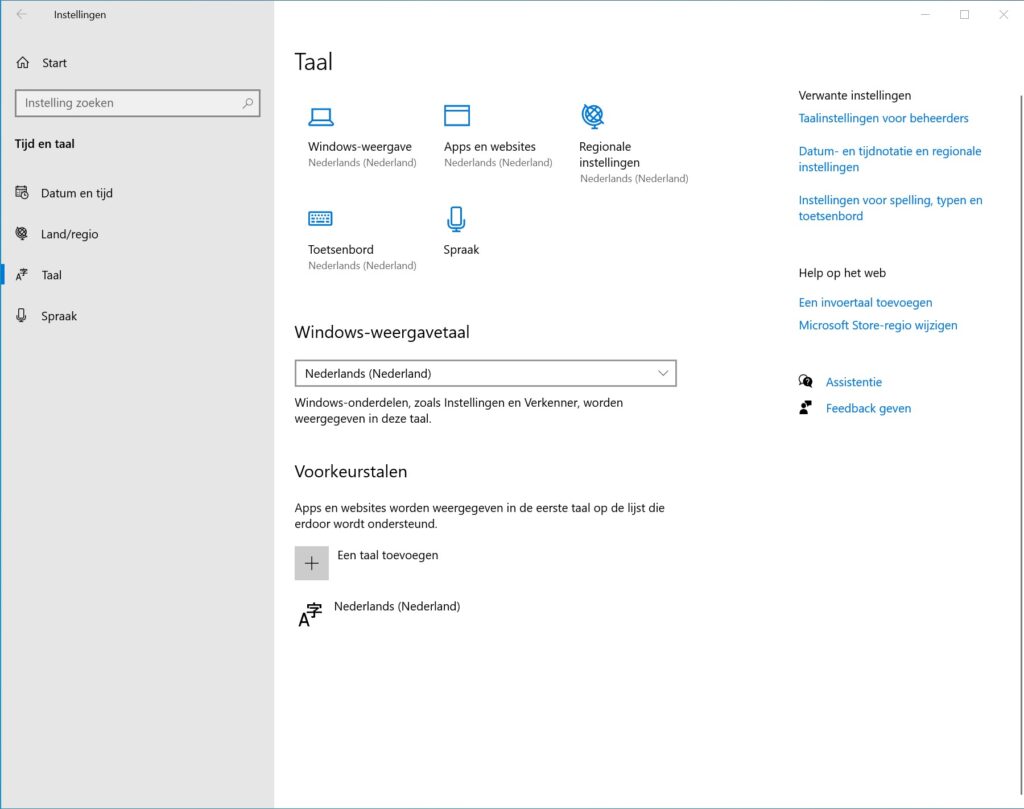 Screenshot Taalinstellingen Windows 10