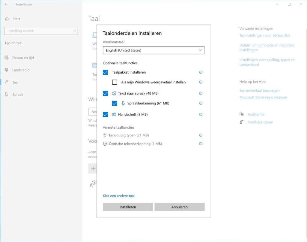 Screenshot kiezen welke taalonderdelen worden geïnstalleerd