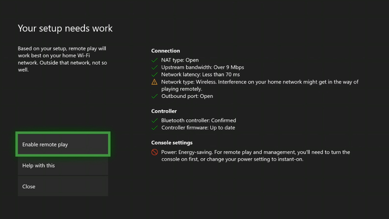 Screenshot Xbox-netwerktest voor remote play