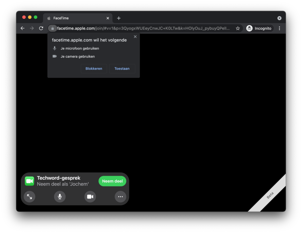 Screenshot FaceTime toestemming verlenen