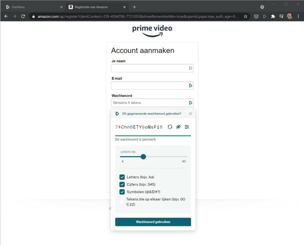 Screenshot registratieformulier password generator