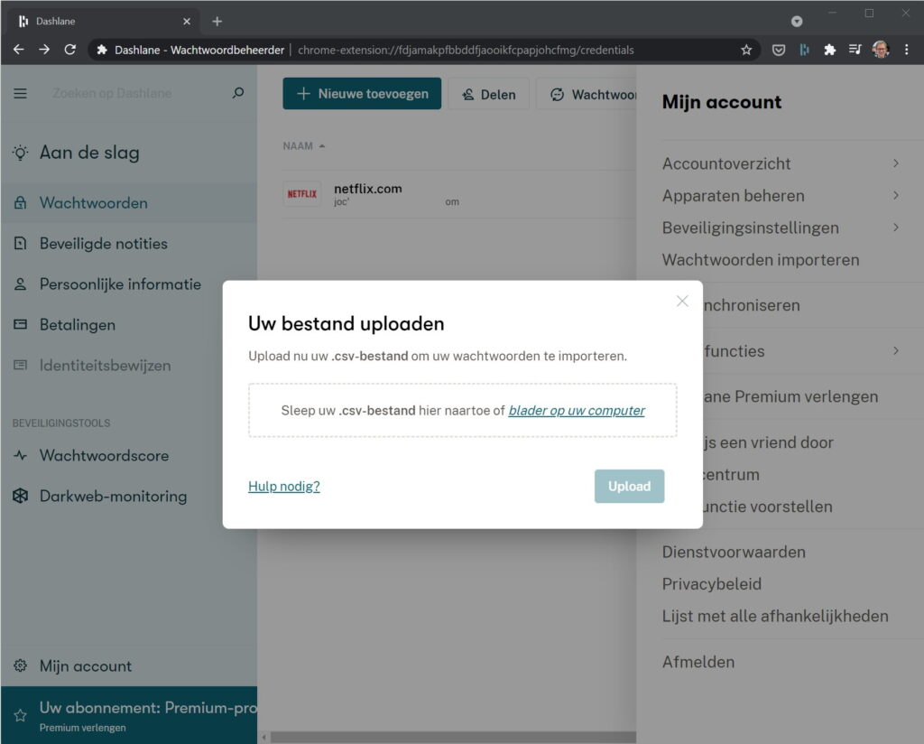 Screenshot wachtwoorden importeren via Dashlane-webapp