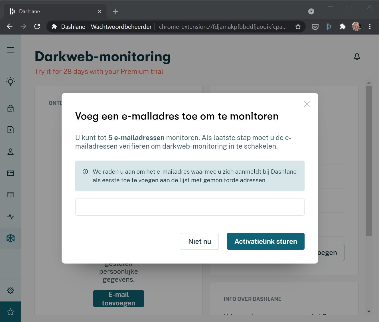 Screenshot darkweb-monitoring Dashlane e-mailadres invullen