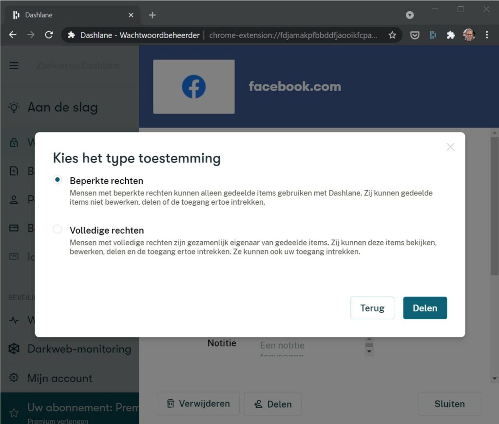 Screenshot wachtwoord delen Dashlane