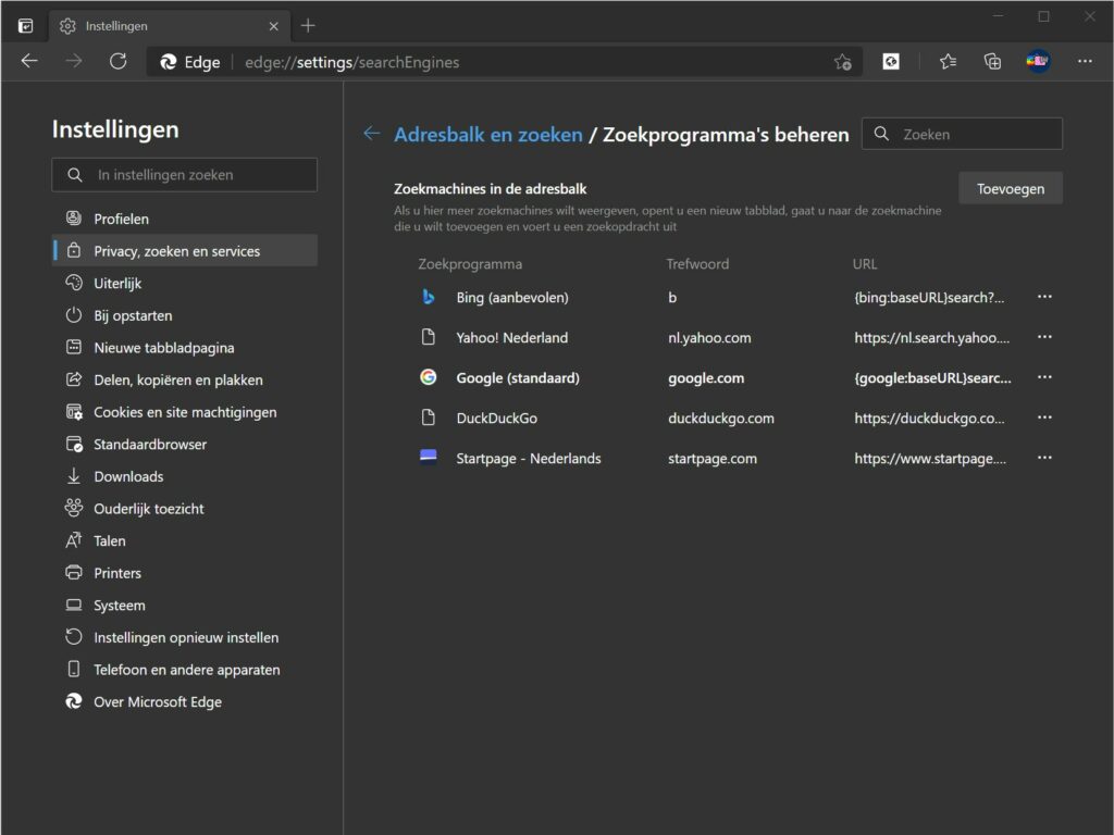 Screenshot zoekmachines beheren in Edge