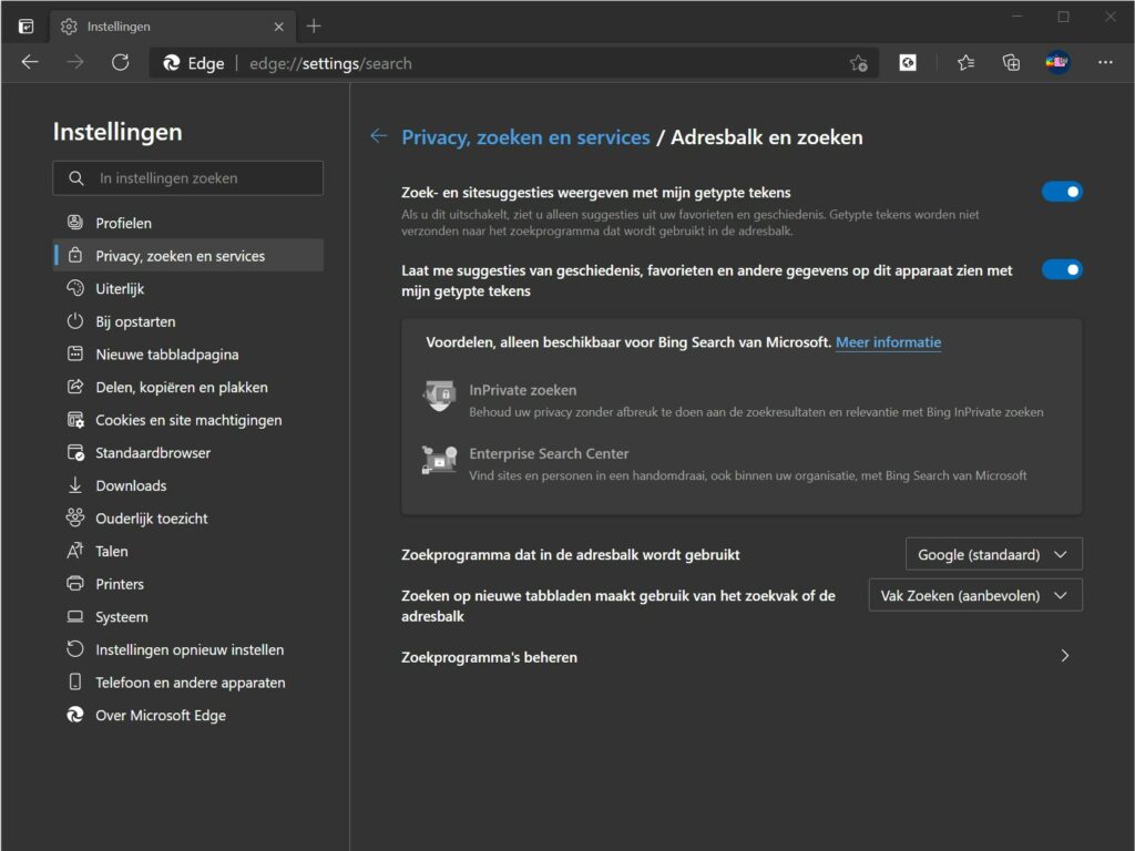 Screenshot instellingen zoekmachine wijzigen Edge