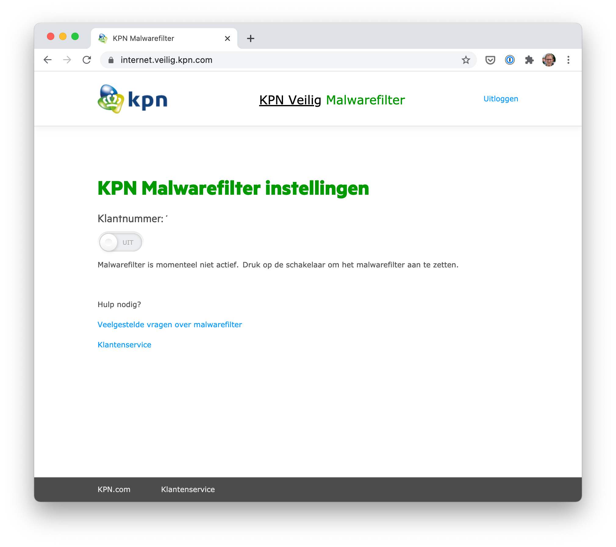 Screenshot van KPN Malwarefilter instellingen