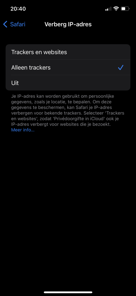 Screenshot Safari Verberg IP-adres opties