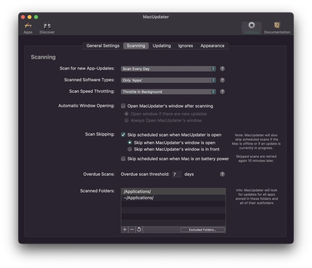 Screenshot MacUpdater 2: scan-instellingen