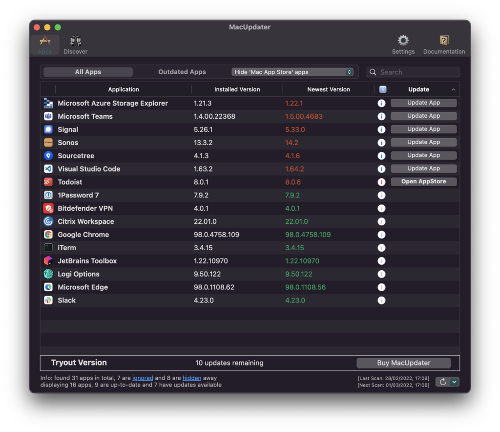 Screenshot van MacUpdater 2: overzicht van alle apps op je Mac